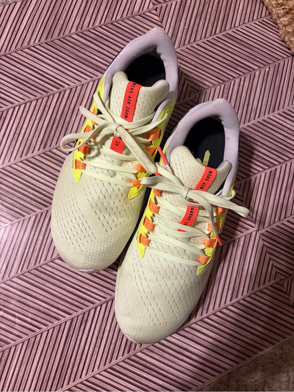 Nike Air Zoom Pegasus 38 Sneakers in Cream with Neon Yellow & Orange Accents